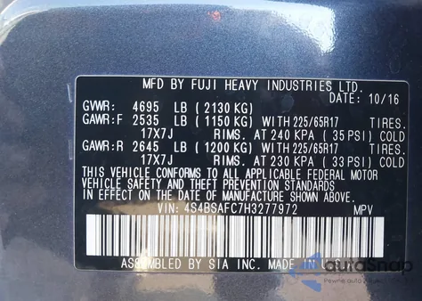 2017 Subaru Outback 2.5I Premium from USA, damaged, VIN 4S4BSAFC7H3277972